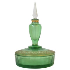 Green and Gold Round Glass Box and Perfume Vanity Bottle