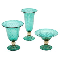 Green and Gold Set of Three Murano Glass Vases