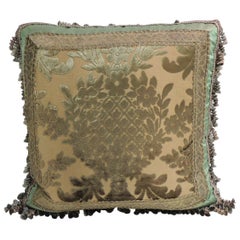 Green and Gold Silk Velvet Decorative Pillow with Tassels