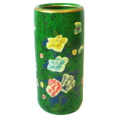 Vintage Green and Gold Umbrella Stand Holder with Flowers and Butterflies, ca. 1980s