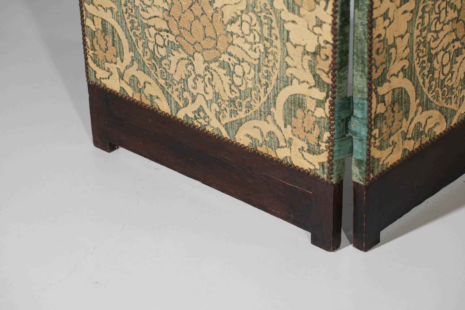 Mid-20th Century Green and gold velvet screen from the 40's / 50's French oak ceruse vintage  For Sale