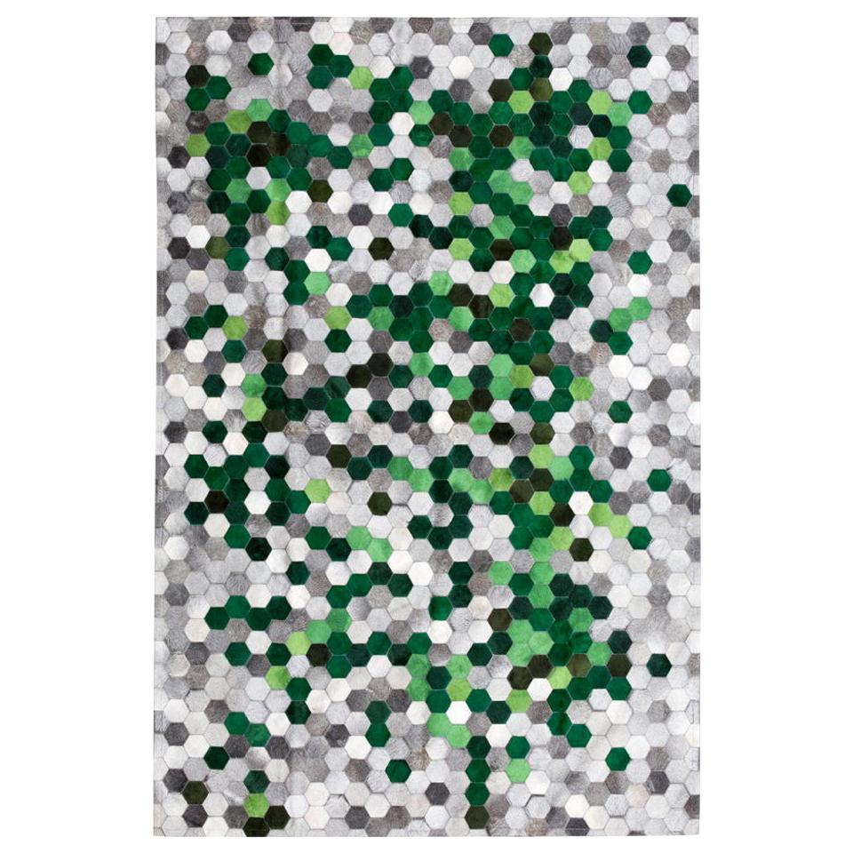 Green and Gray Customizable Angulo Cowhide Area Floor Rug Small For Sale