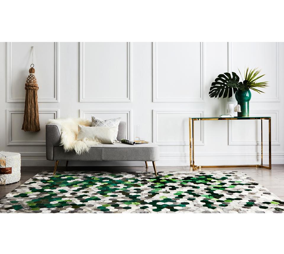 Art Deco Green and Gray Customizable Angulo Cowhide Area Floor Rug Medium For Sale