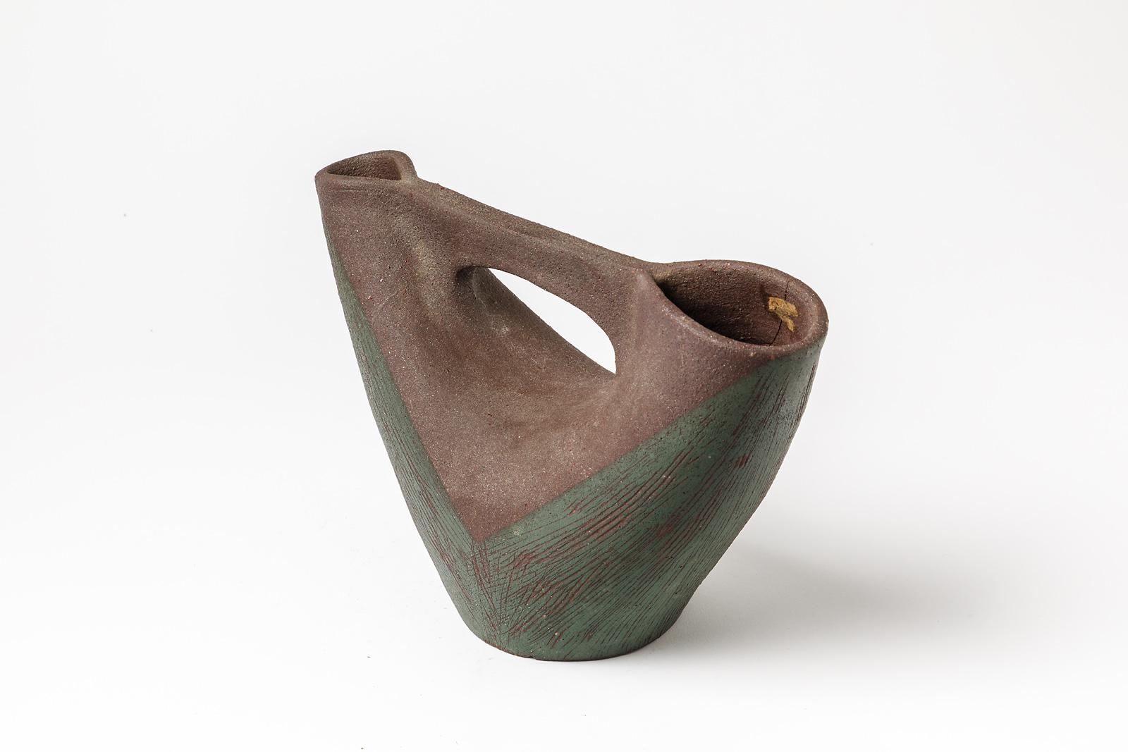 Mid-Century moderno Vaso per uccelli in ceramica a forma libera verde e grigio di Accolay 20th Century Design in vendita