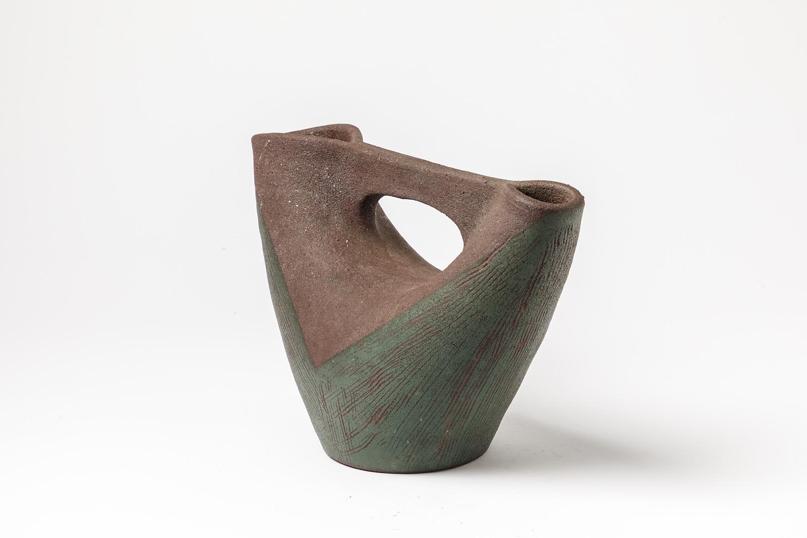 Vaso per uccelli in ceramica a forma libera verde e grigio di Accolay 20th Century Design In condizioni ottime in vendita a Neuilly-en- sancerre, FR