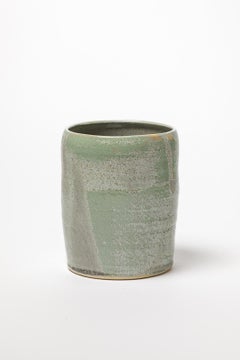 green and grey stoneware ceramic cylinder pottery vase by ATOI circa 2010 signed