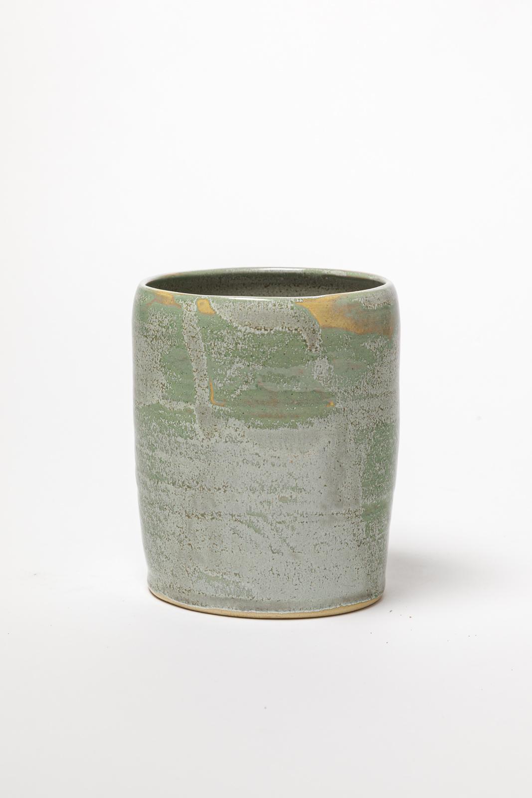 Moderno vaso cilindrico in gres verde e grigio di ATOI circa 2010 firmato in vendita