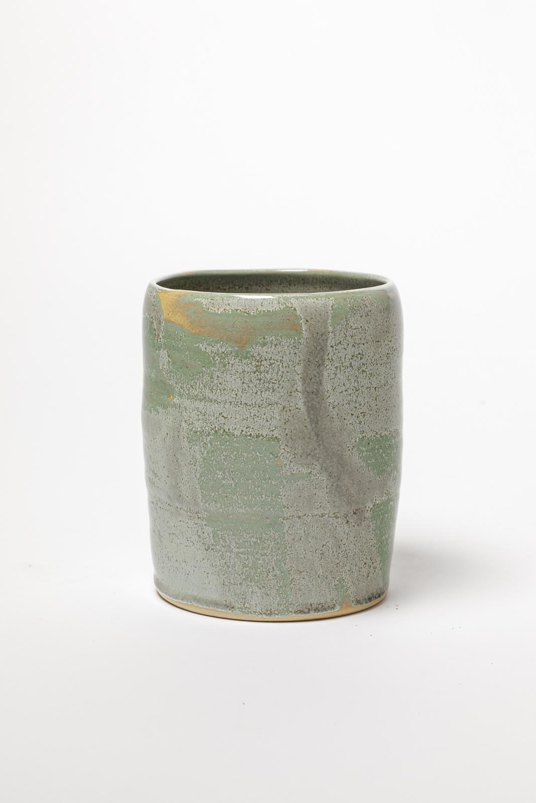 Francese vaso cilindrico in gres verde e grigio di ATOI circa 2010 firmato in vendita