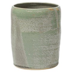 green and grey stoneware ceramic cylinder pottery vase by ATOI circa 2010 signed