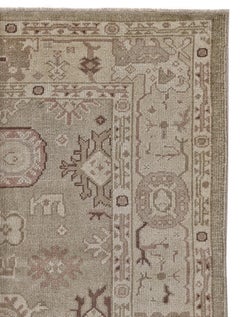 Green and Ivory Handmade Wool Distressed Turkish Antique Oushak Rug