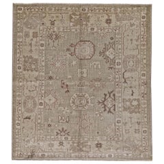 Green and Ivory Handmade Wool Distressed Turkish Antique Oushak Rug