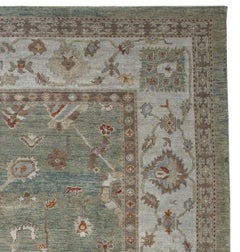 Green and Ivory Handmade Wool Turkish Oushak Rug