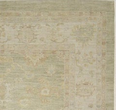Green and Ivory Handmade Wool Turkish Oushak Rug