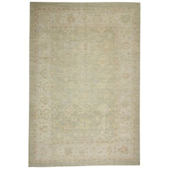 Green and Ivory Handmade Wool Turkish Oushak Rug