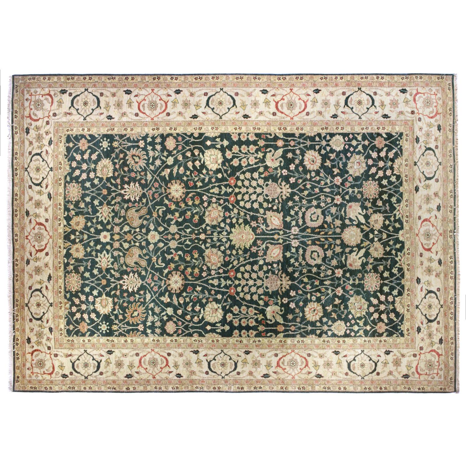 Pakistani Green and Ivory Traditional Style Wool Area Rug For Sale