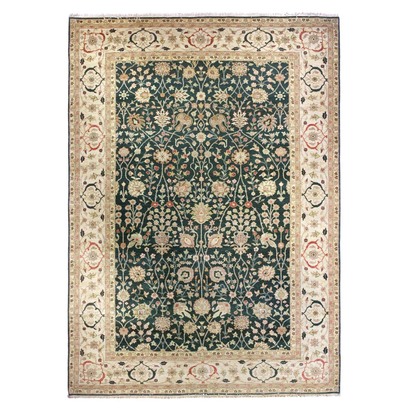 Green and Ivory Traditional Style Wool Area Rug For Sale