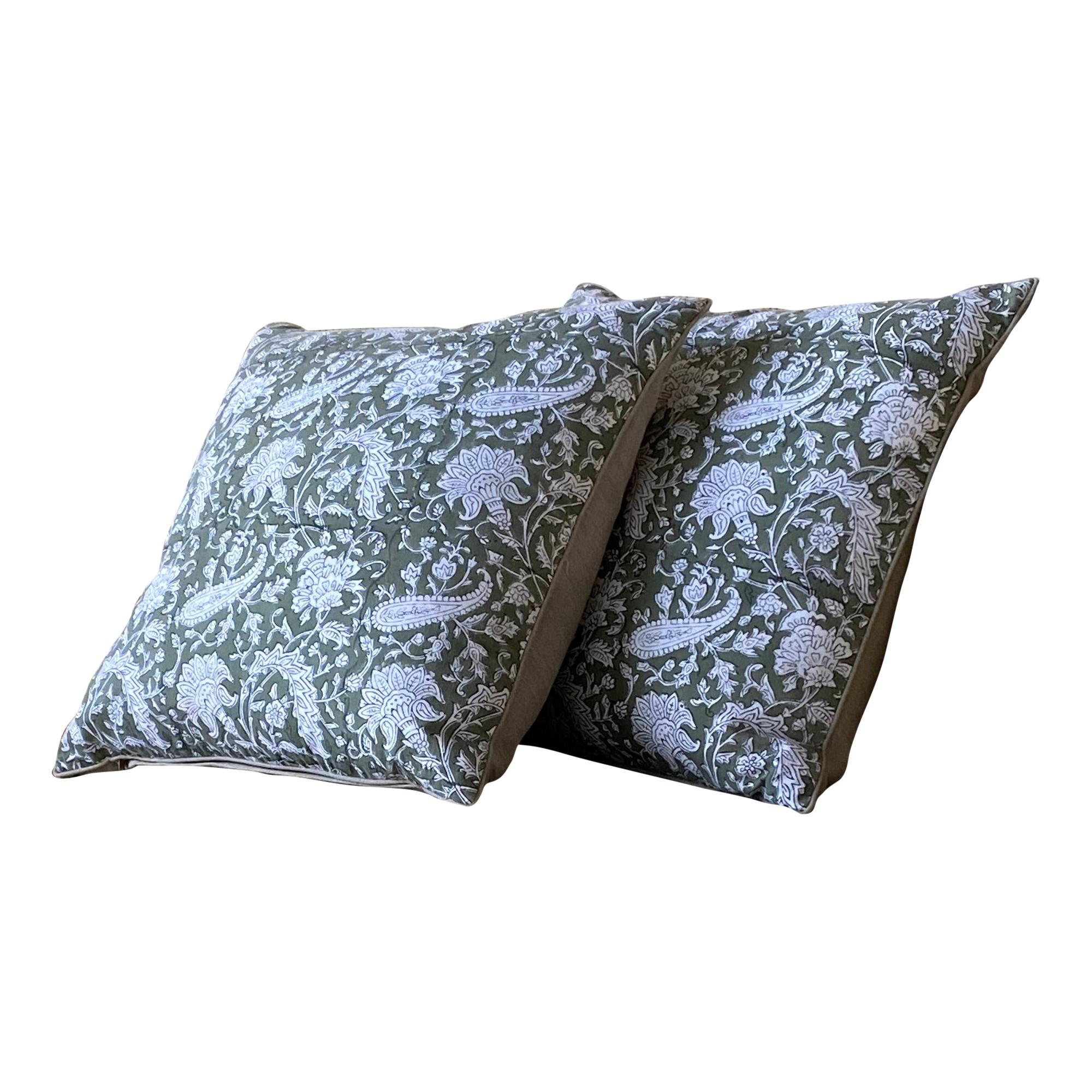 Green and Natural Paisley Block Print Pillow