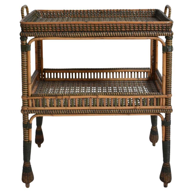 Green and natural rattan side table, 1920s For Sale