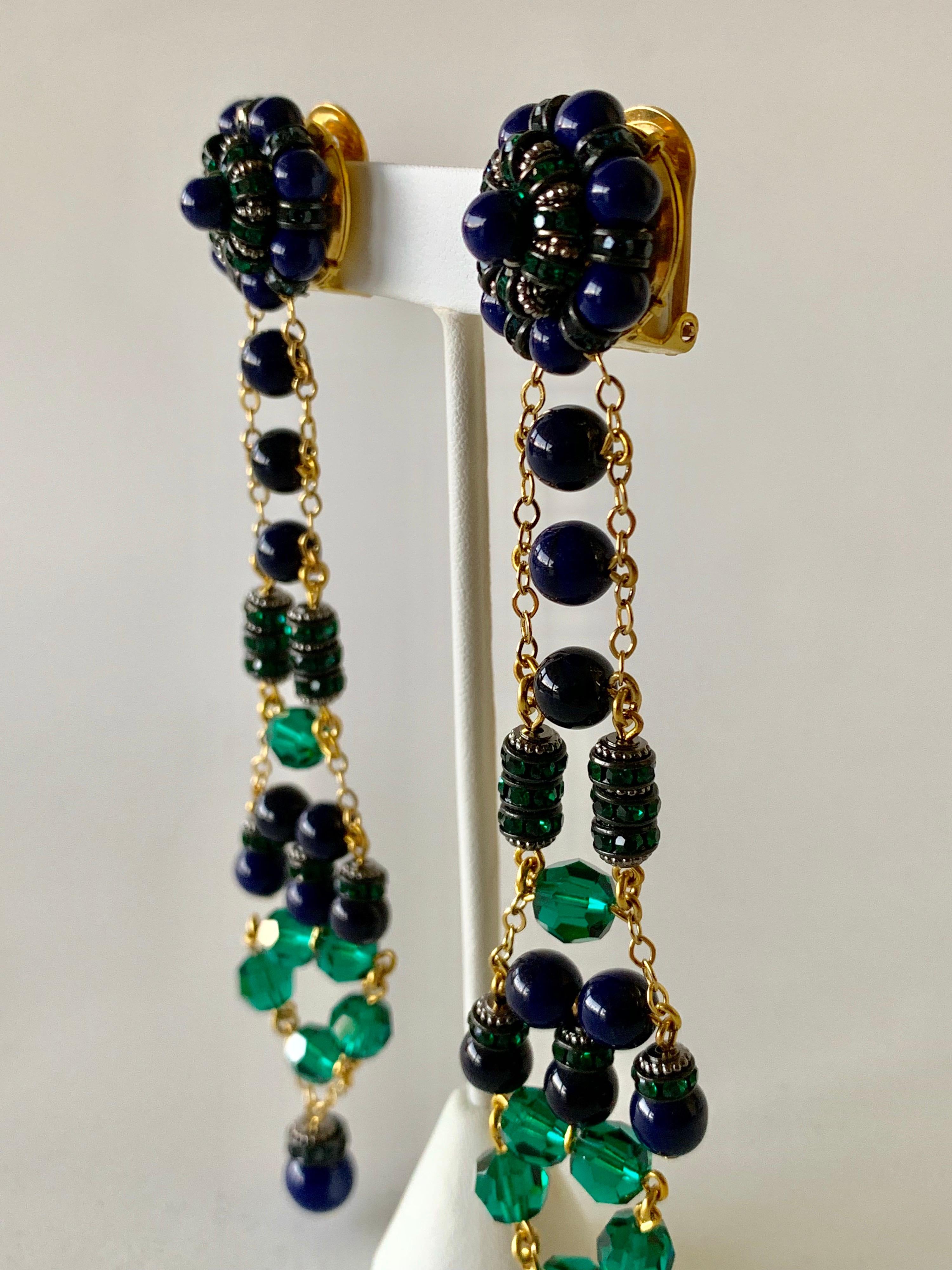 Contemporary Green and Navy  Gilt Chandelier Statement Earrings 3