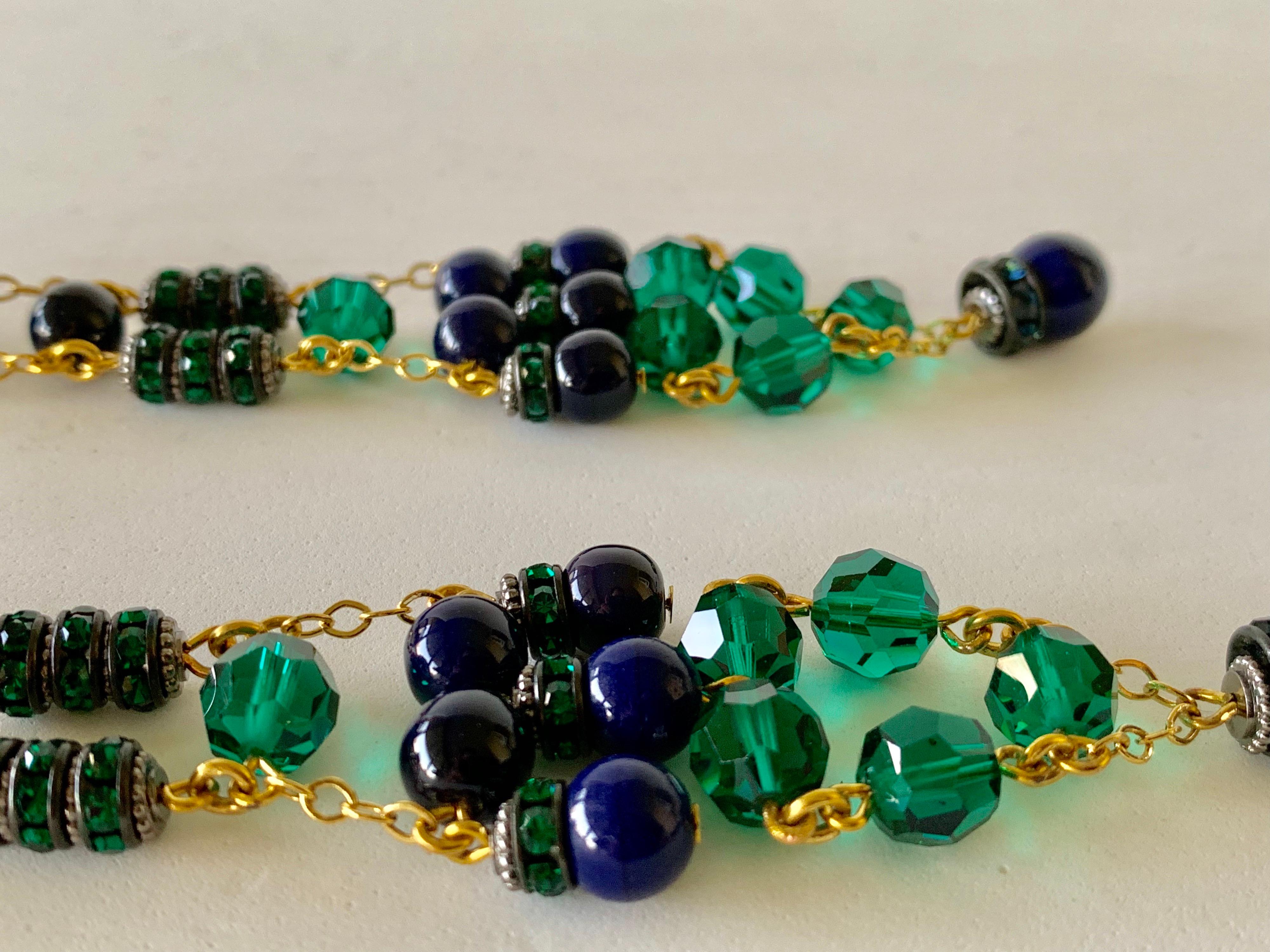 Contemporary Green and Navy  Gilt Chandelier Statement Earrings 5