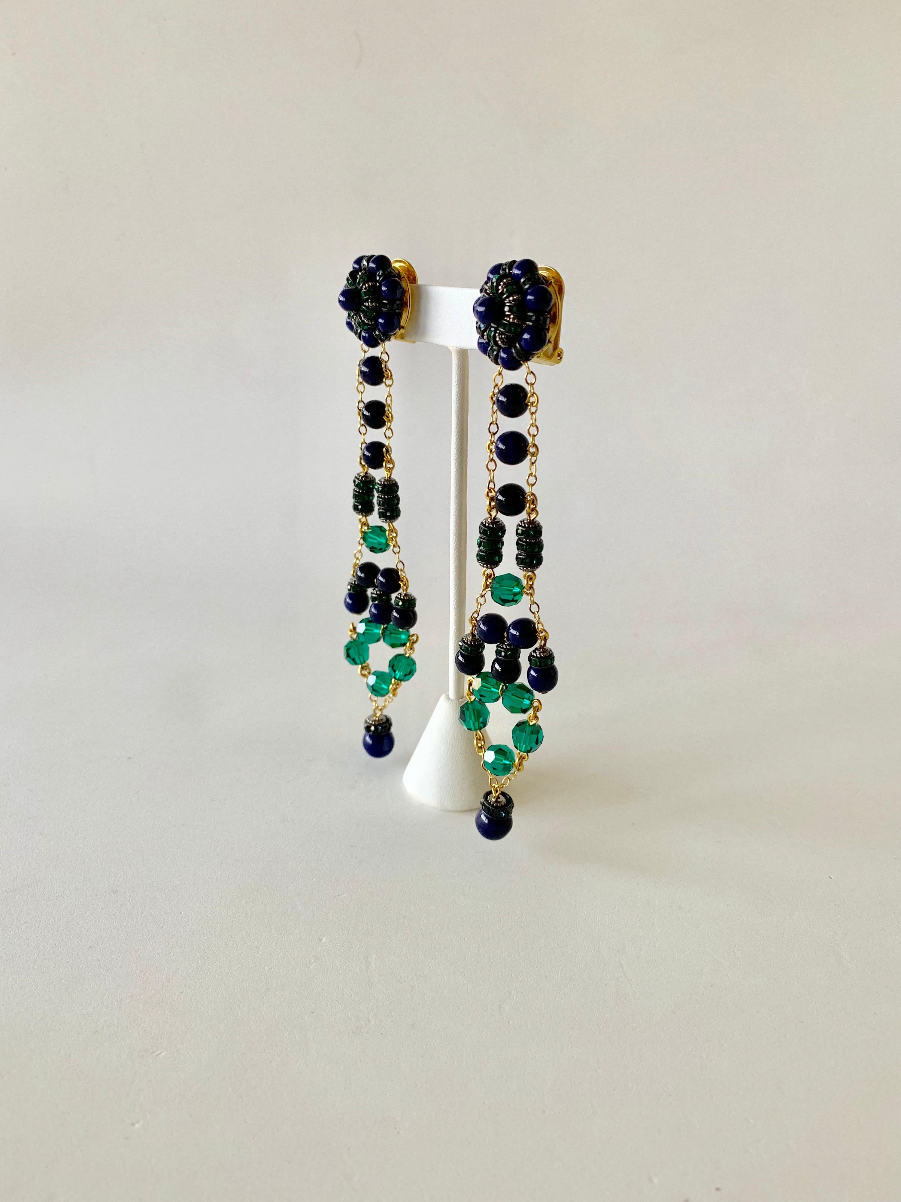 Contemporary Green and Navy  Gilt Chandelier Statement Earrings 1