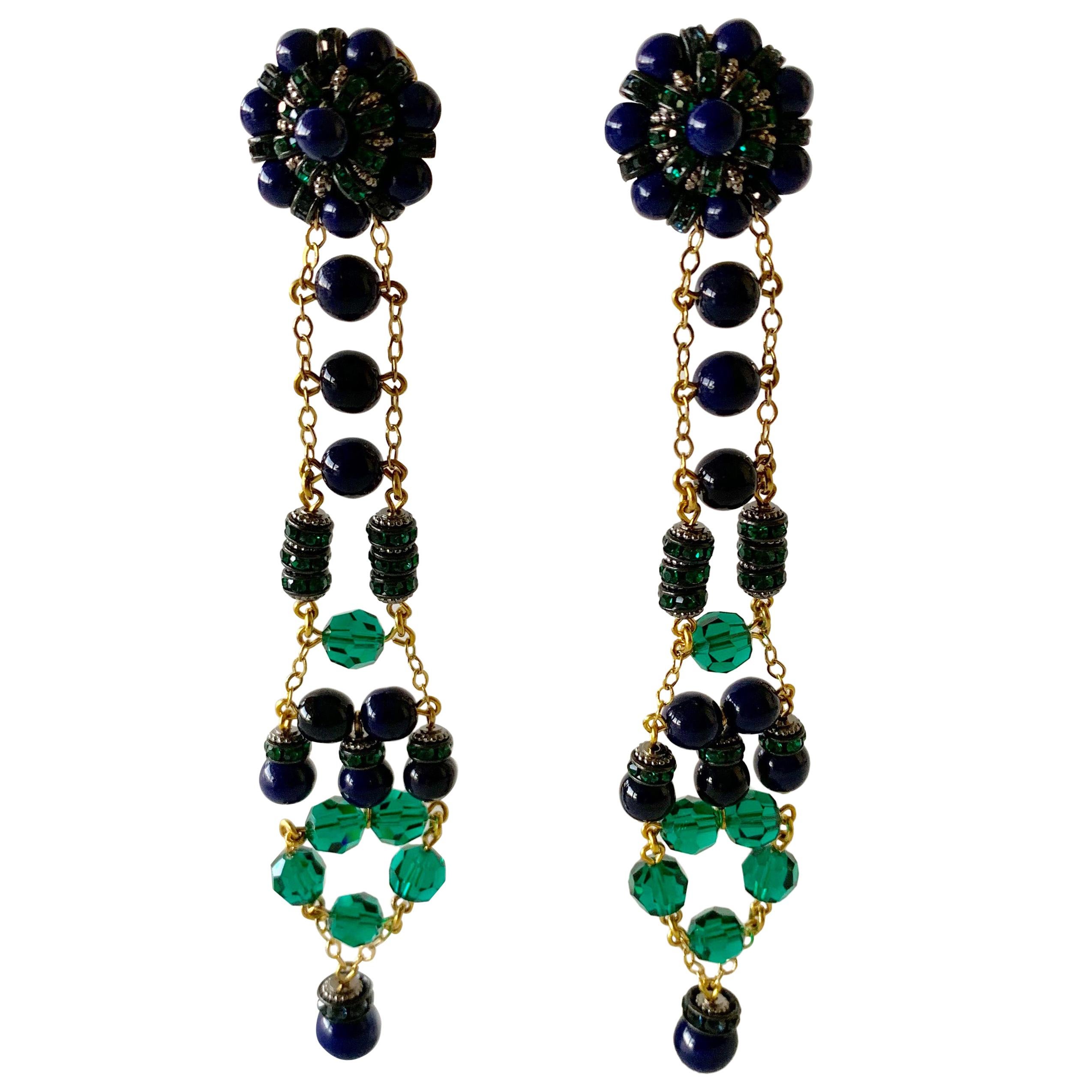 Contemporary Green and Navy  Gilt Chandelier Statement Earrings
