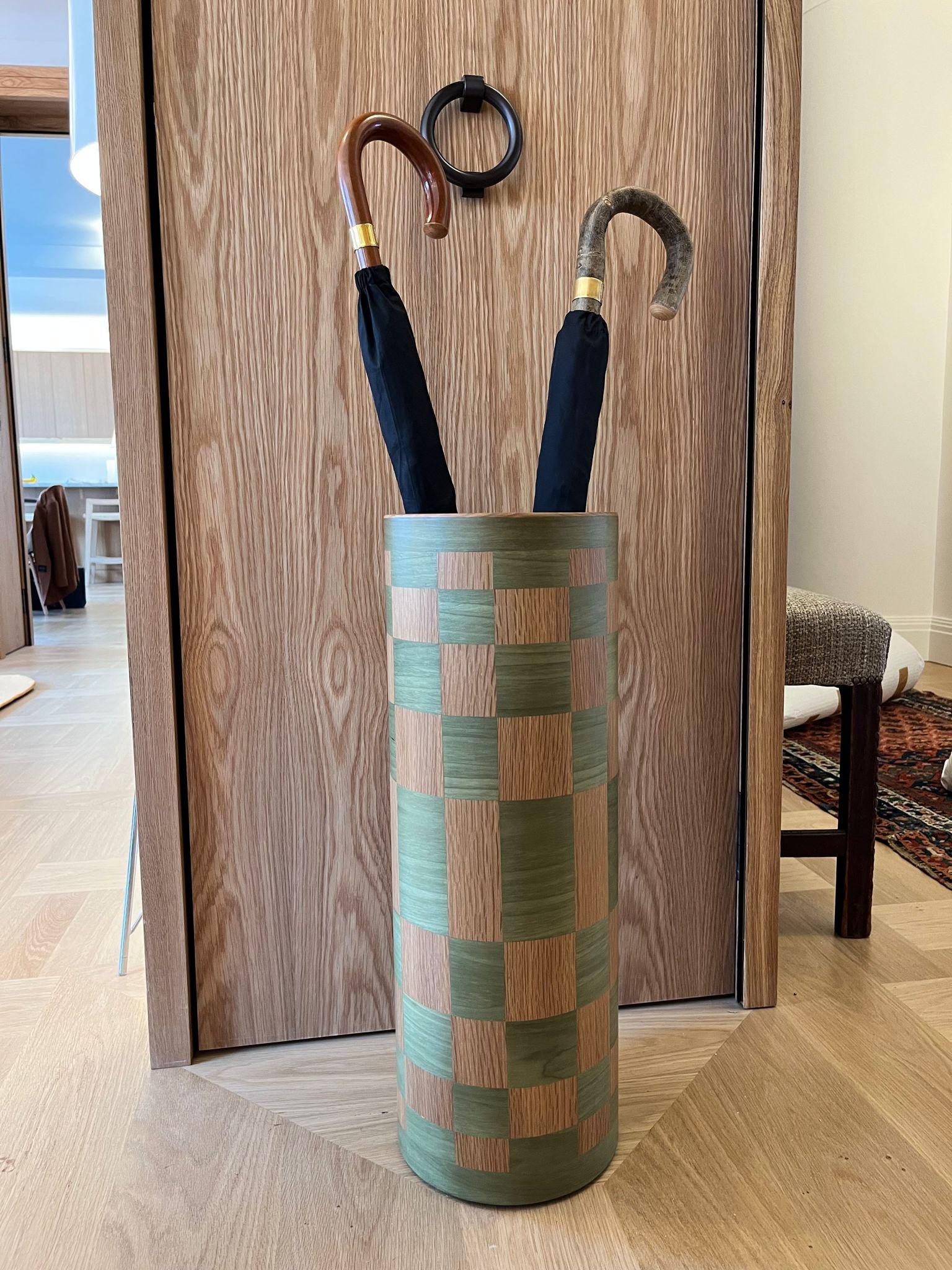 Wood Green And Oak Veneer Umbrella Stand With Check Design For Sale