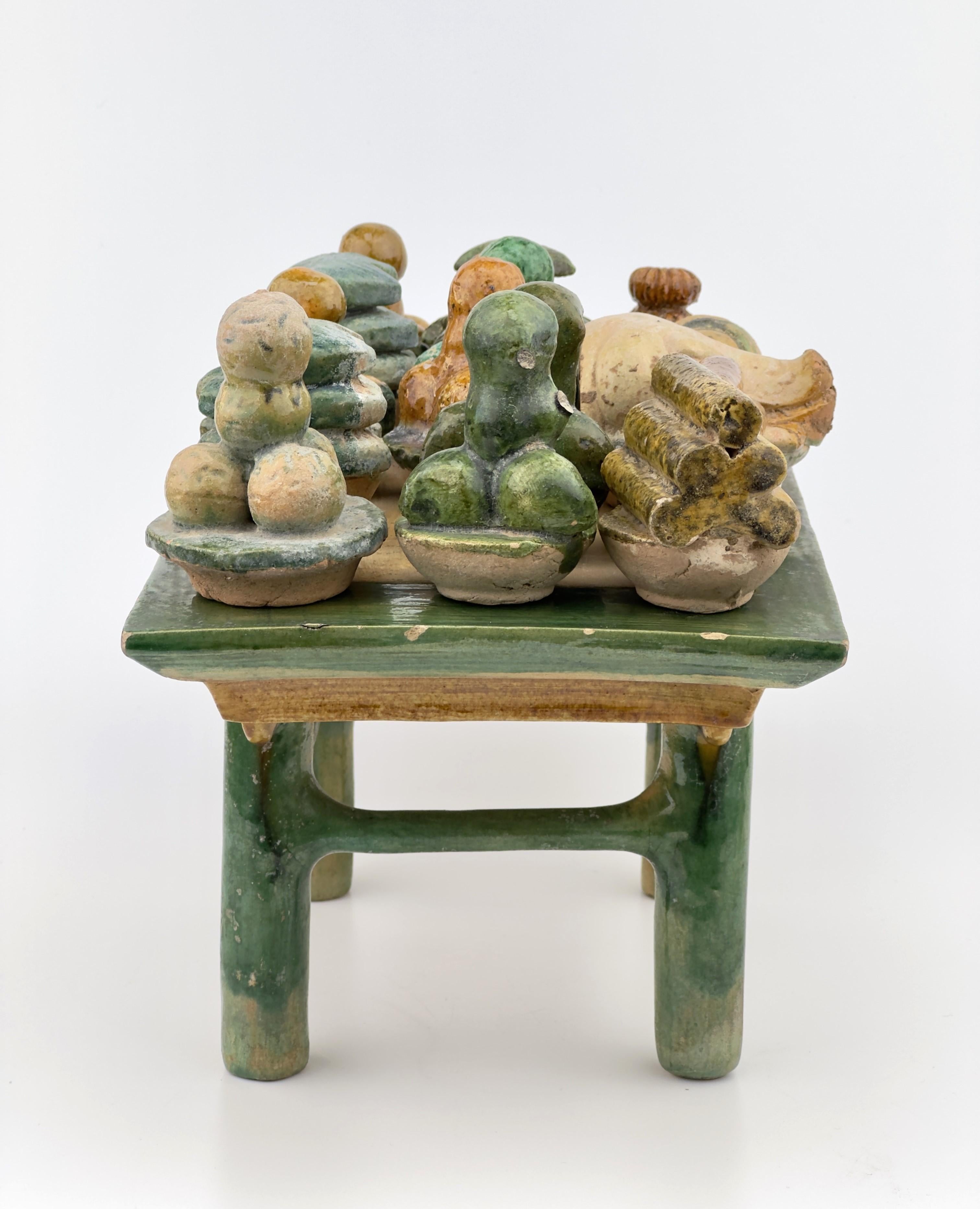 Pottery Green and Ochre Glazed Altar Table with Offerings, Ming Dynasty, 15~16th Century For Sale