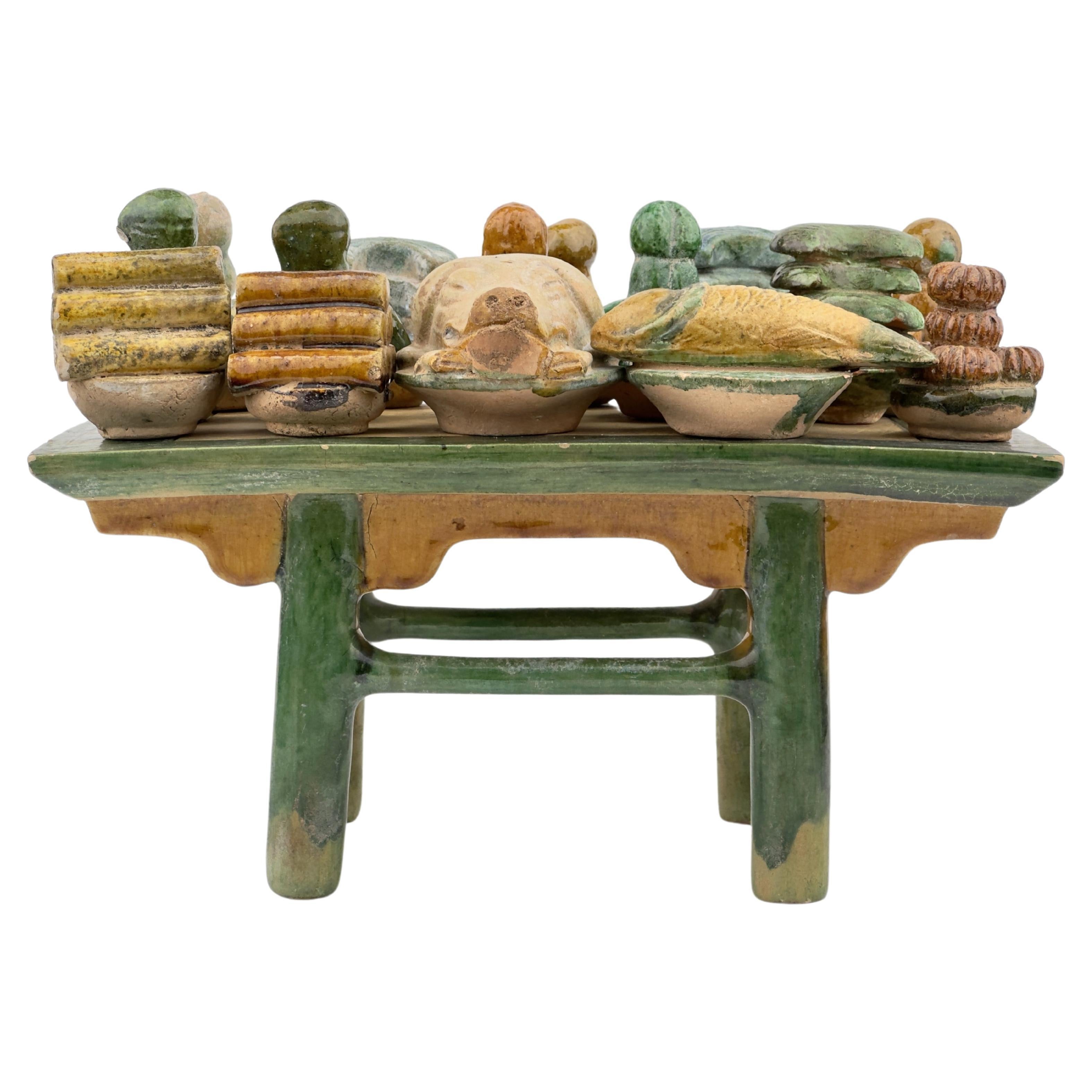 Green and Ochre Glazed Altar Table with Offerings, Ming Dynasty, 15~16th Century For Sale