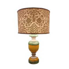 Green and Orange Lacquered Turned Wood Table Lamp with Fortuny Fabric Lampshade