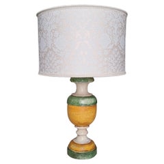 Green and Orange Lacquered Turned Wood Table Lamp with Fortuny Fabric Lampshade