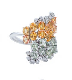 Green and Orange Sapphires, Diamonds, 14 Karat White Gold Retrò Ring