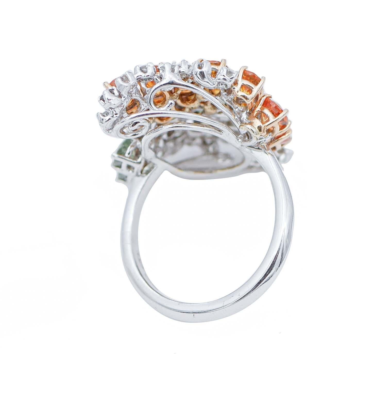 Retro Green and Orange Sapphires, Diamonds, 14 Karat White Gold Retrò Ring For Sale