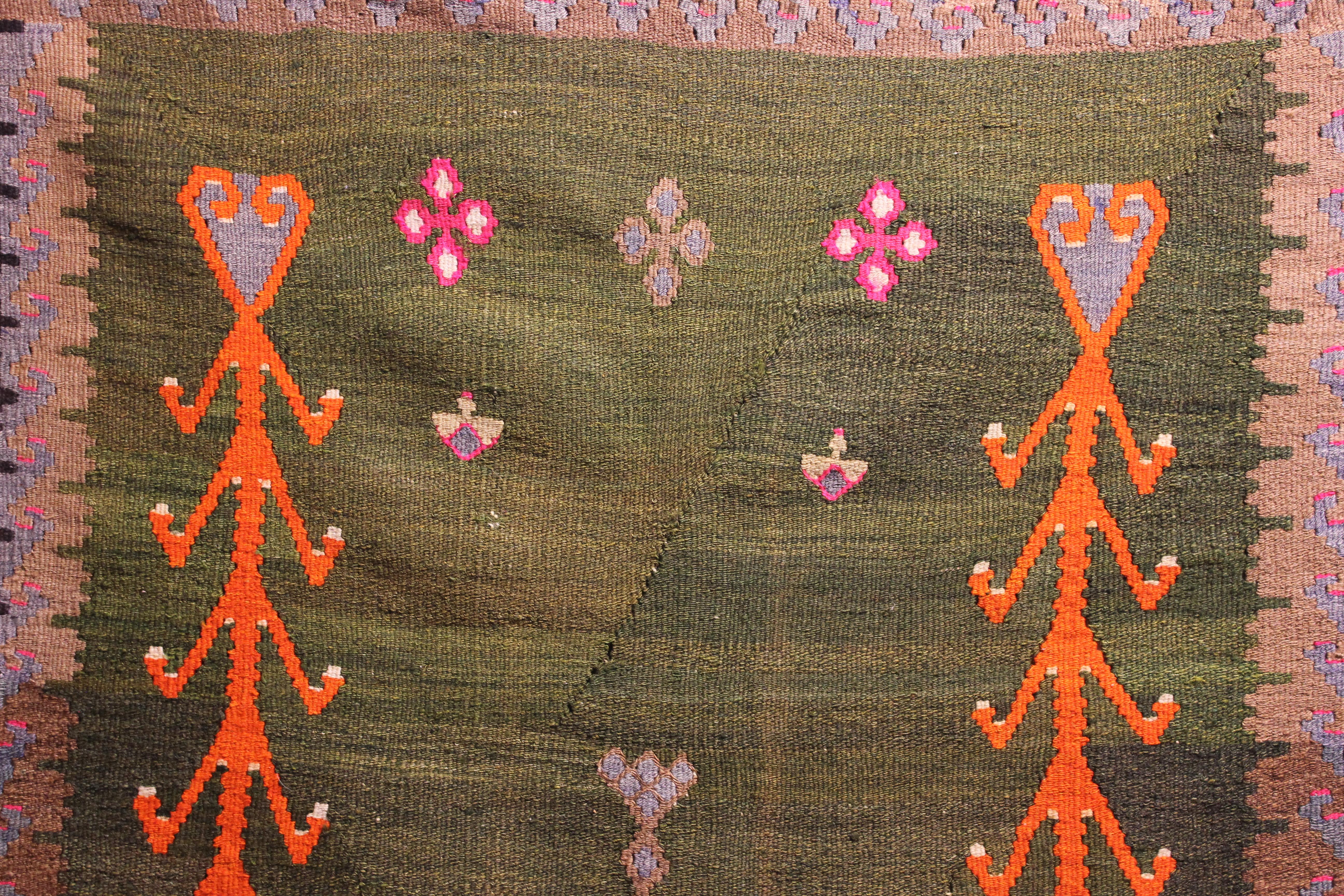 Hand-Woven Green and Orange Tribal Print Turkish Kilim