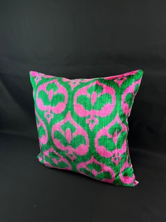 Green and Pink Design Velvet Silk Ikat Pillow Cover