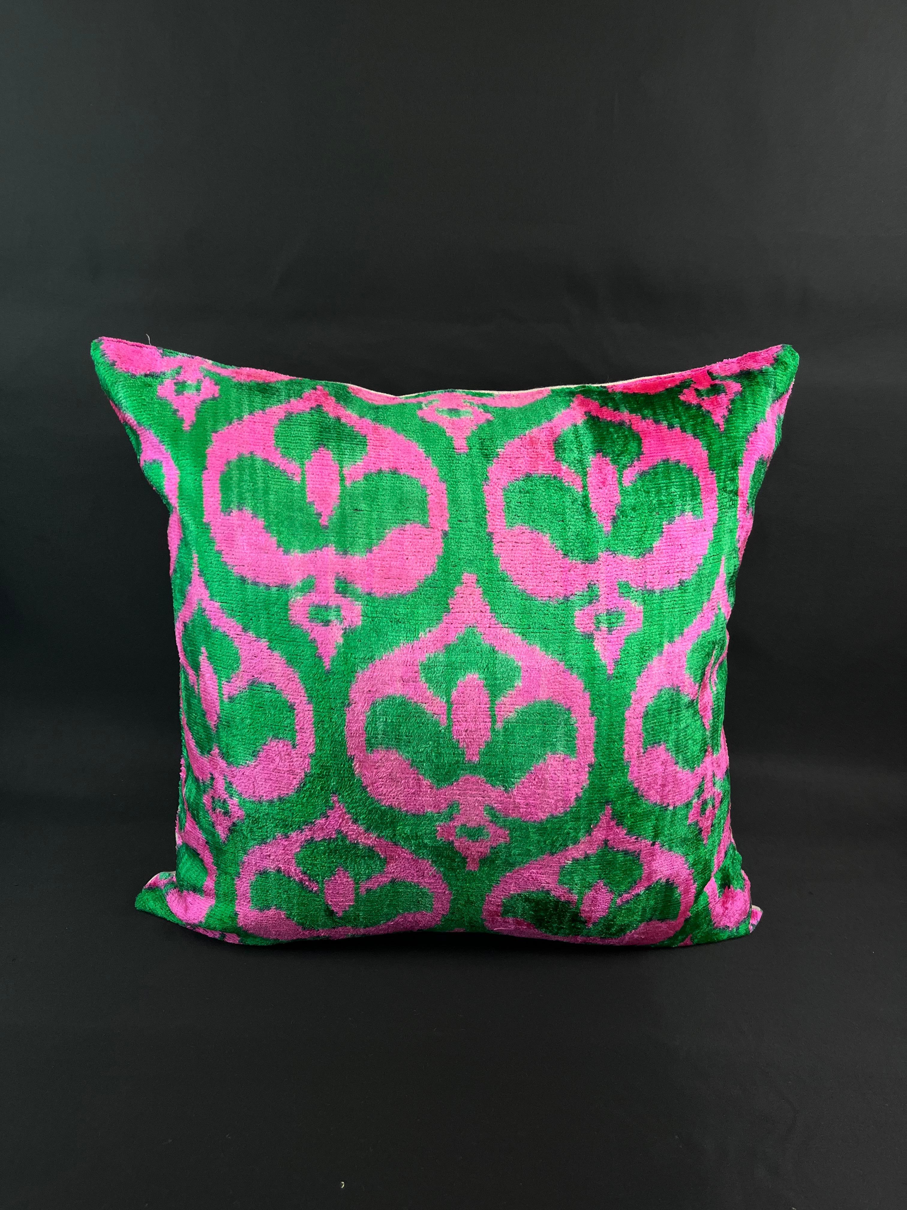 Turkish Green and Pink Design Velvet Silk Ikat Pillow Cover