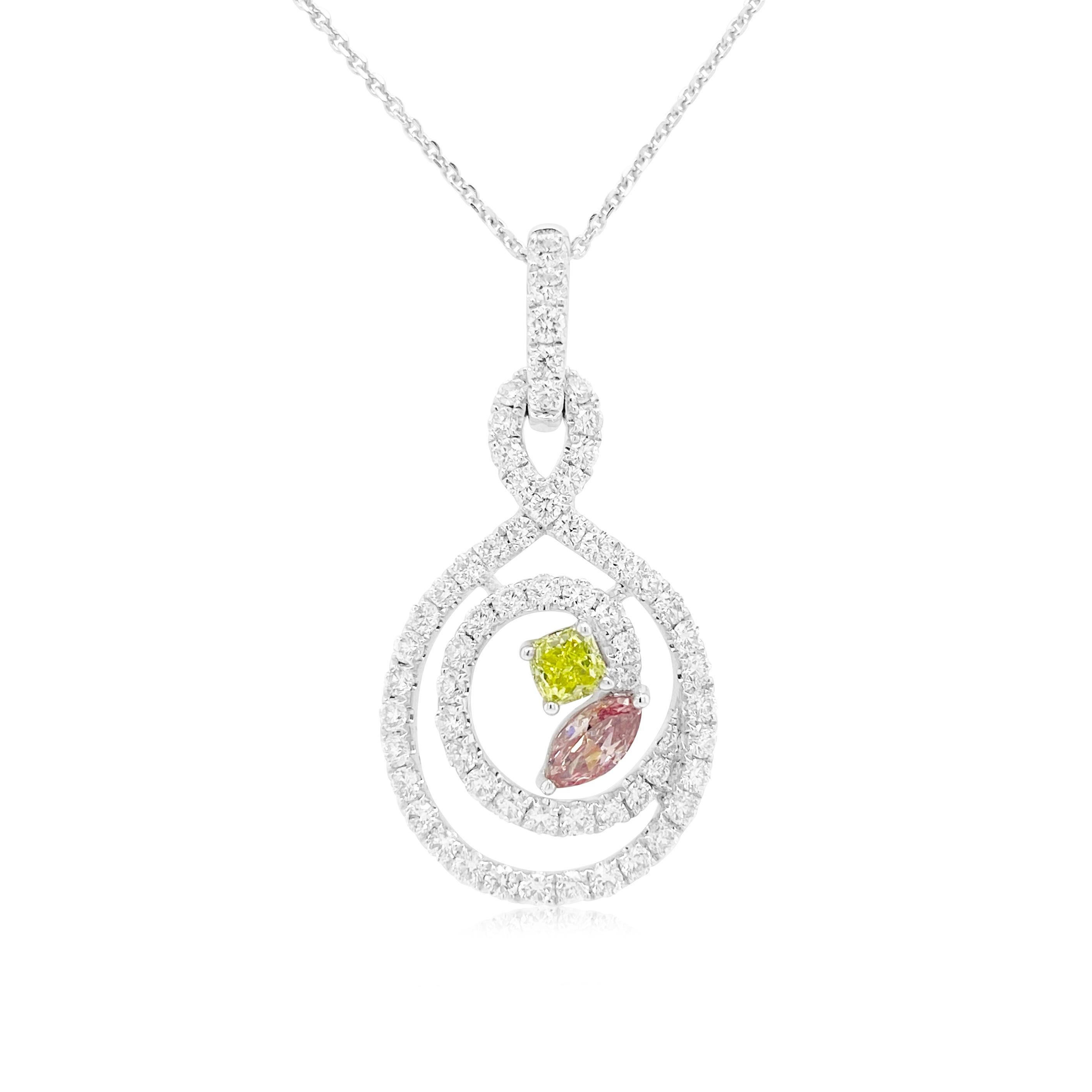 Contemporary Green and Pink Diamond Pendant Necklace with Platinum Chain For Sale