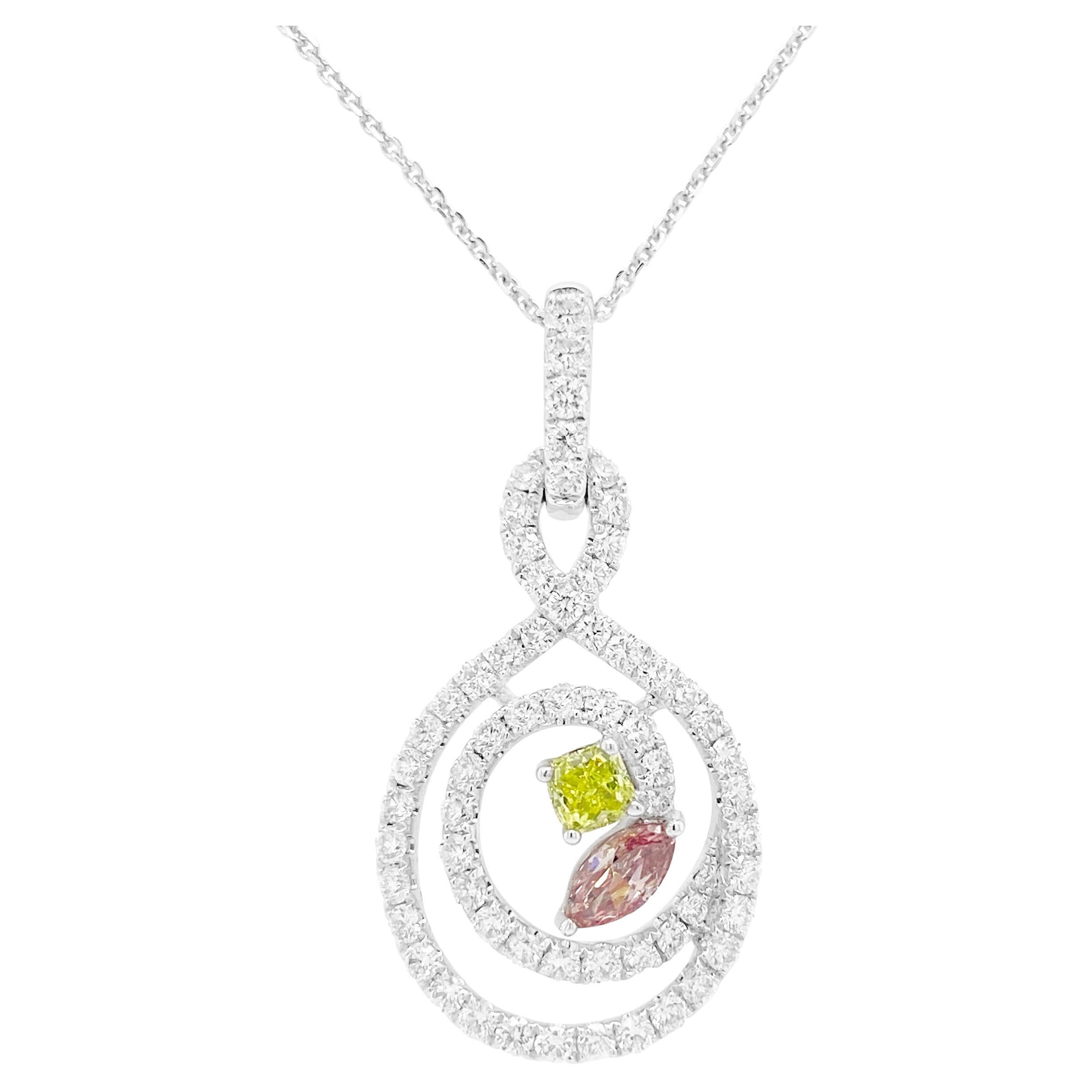 Green and Pink Diamond Pendant Necklace with Platinum Chain For Sale