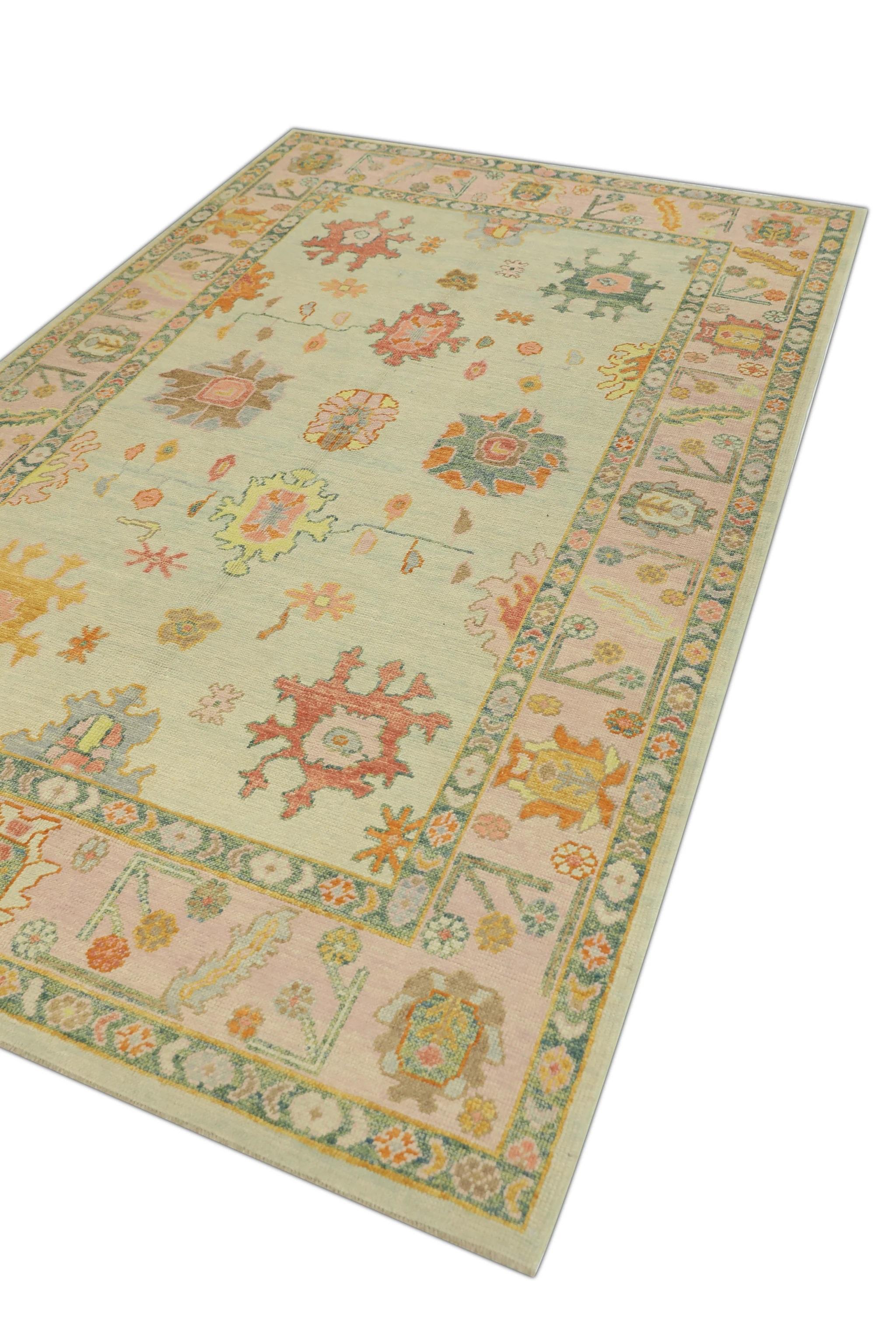 Vegetable Dyed Green and Pink Floral Design Handwoven Wool Turkish Oushak Rug 6' x 9'6