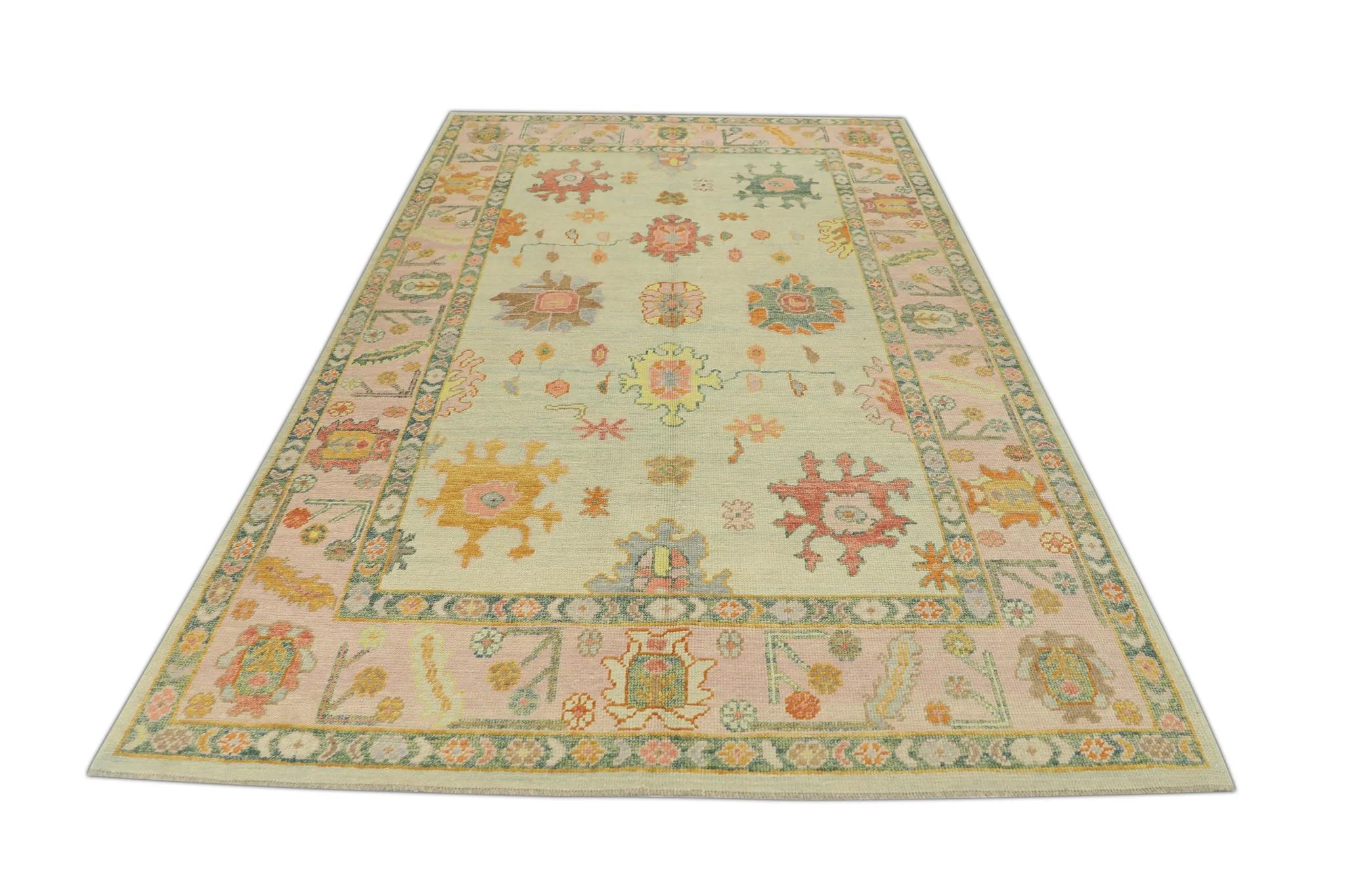 Green and Pink Floral Design Handwoven Wool Turkish Oushak Rug 6' x 9'6