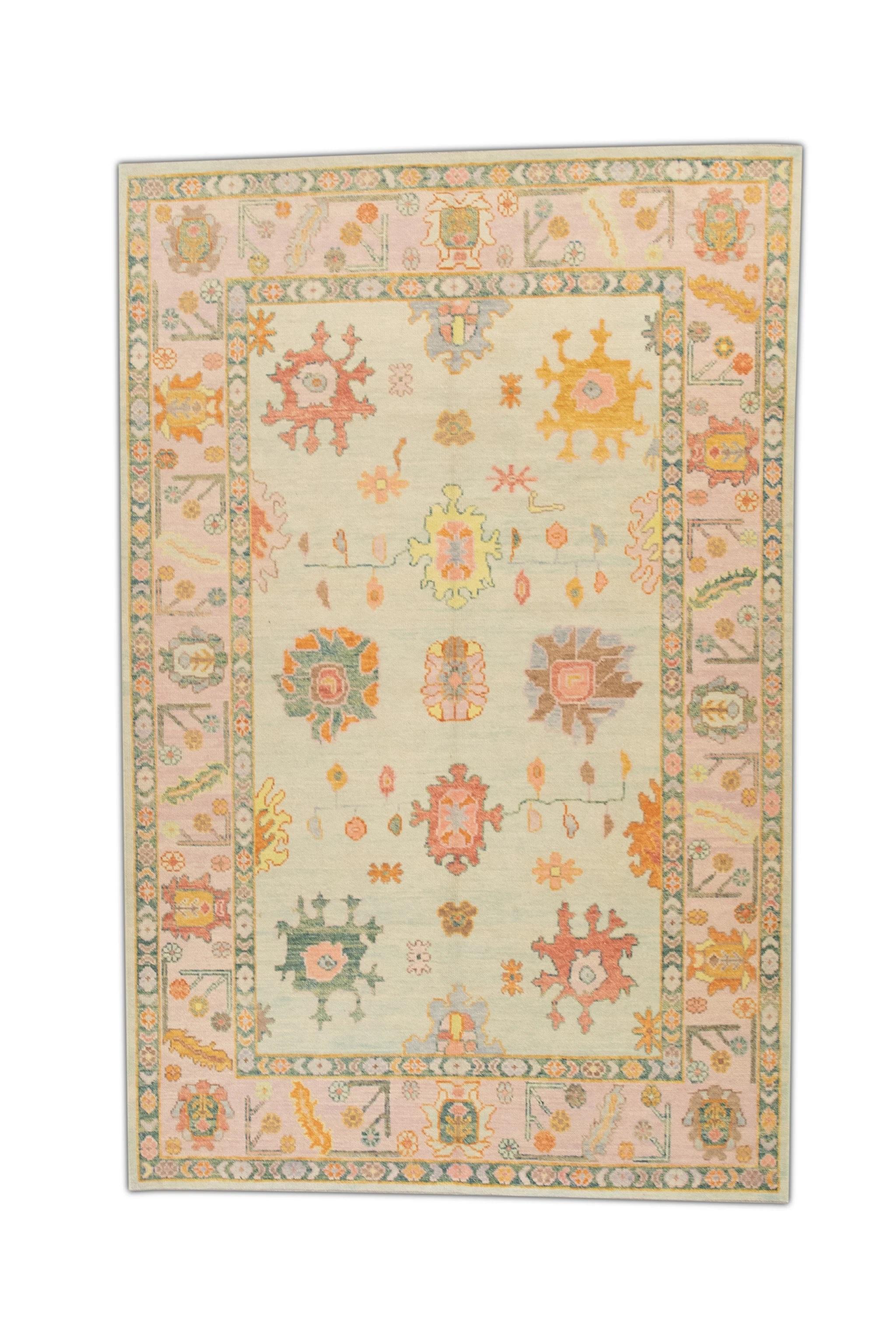 Contemporary Green and Pink Floral Design Handwoven Wool Turkish Oushak Rug 6' x 9'6