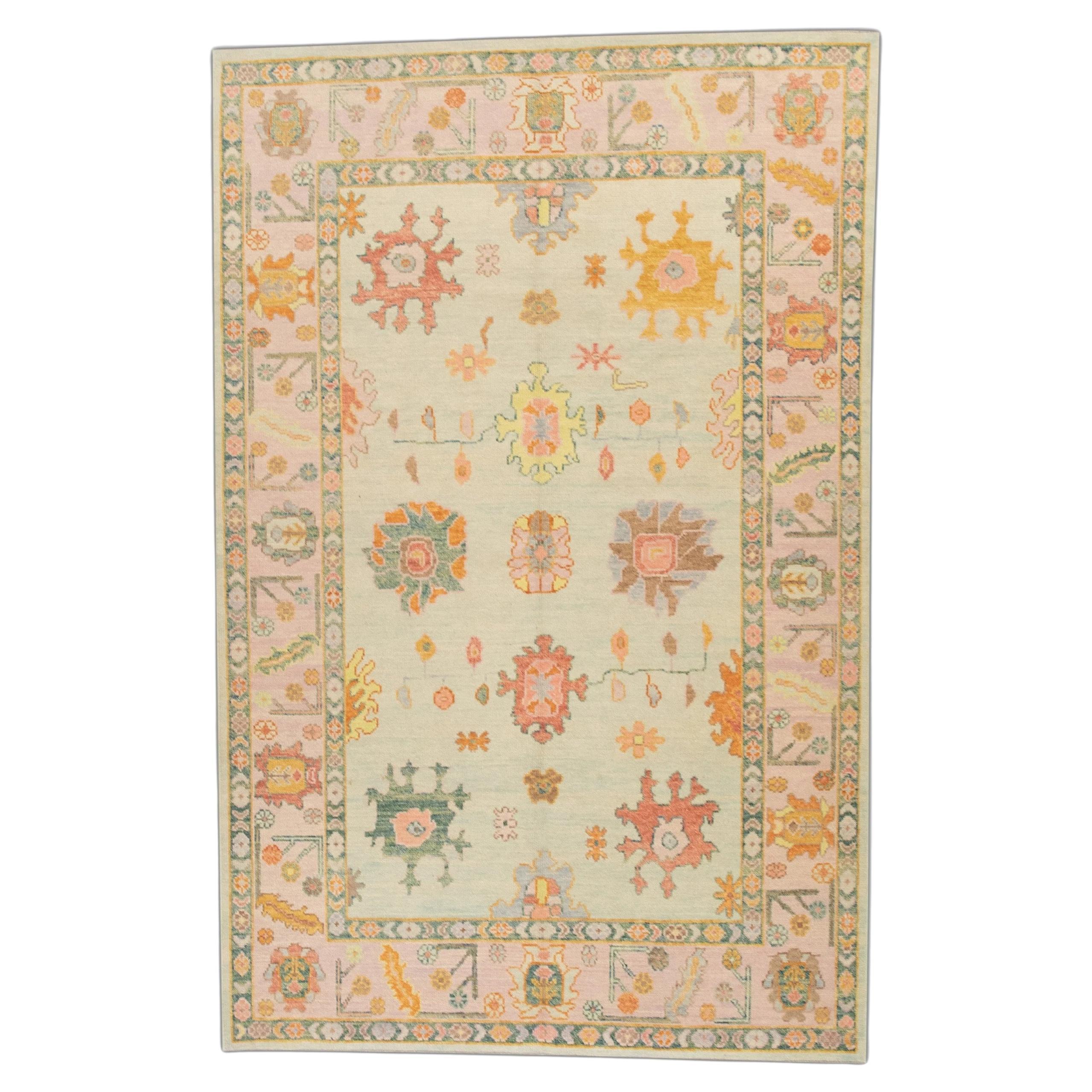 Green and Pink Floral Design Handwoven Wool Turkish Oushak Rug 6' x 9'6" For Sale