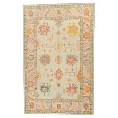 Green and Pink Floral Design Handwoven Wool Turkish Oushak Rug 6' x 9'6"