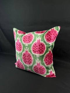 Green and Pink Fruit Design Velvet Silk Ikat Pillow Cover