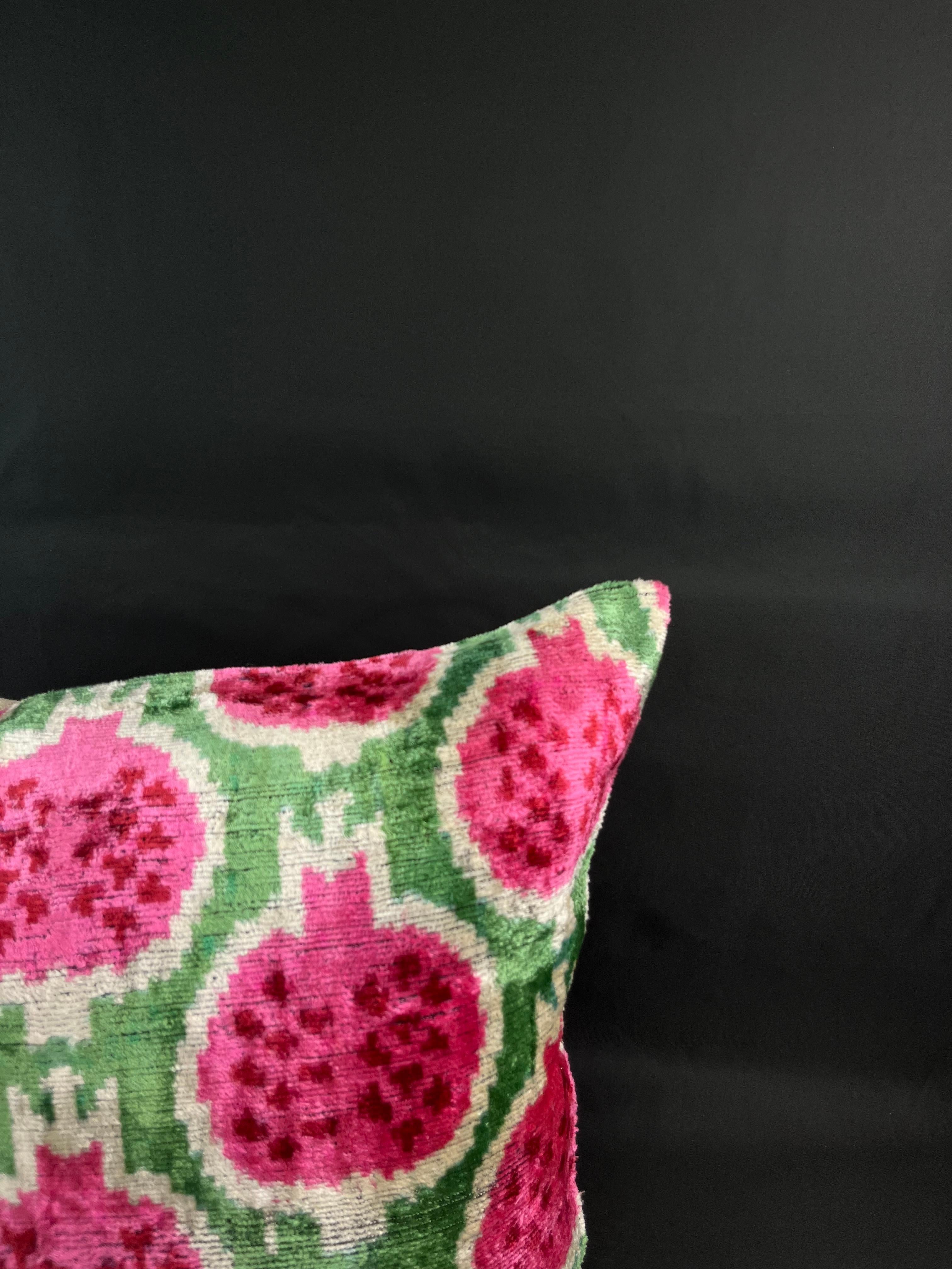Modern Green and Pink Fruit Design Velvet Silk Ikat Pillow Cover