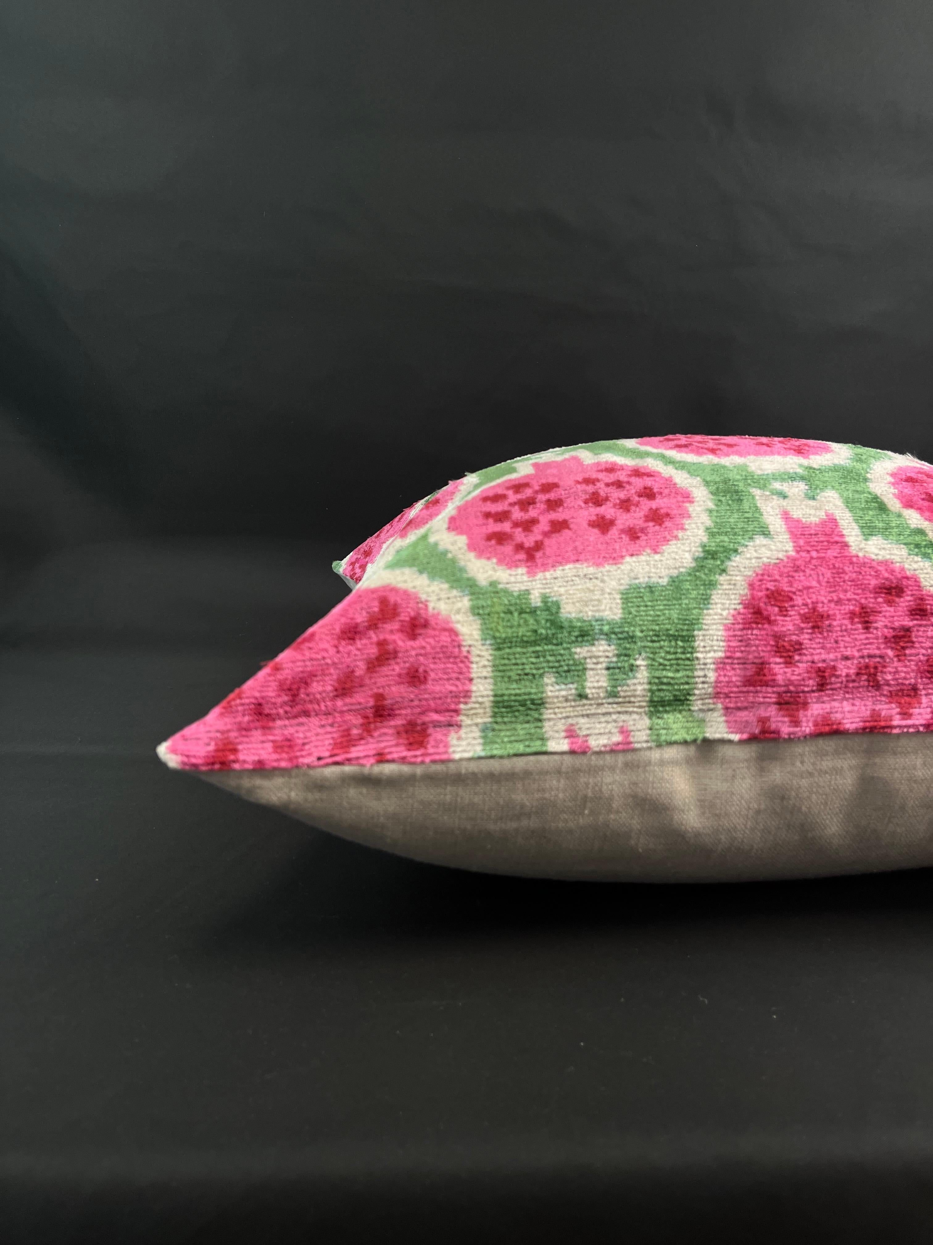 Turkish Green and Pink Fruit Design Velvet Silk Ikat Pillow Cover