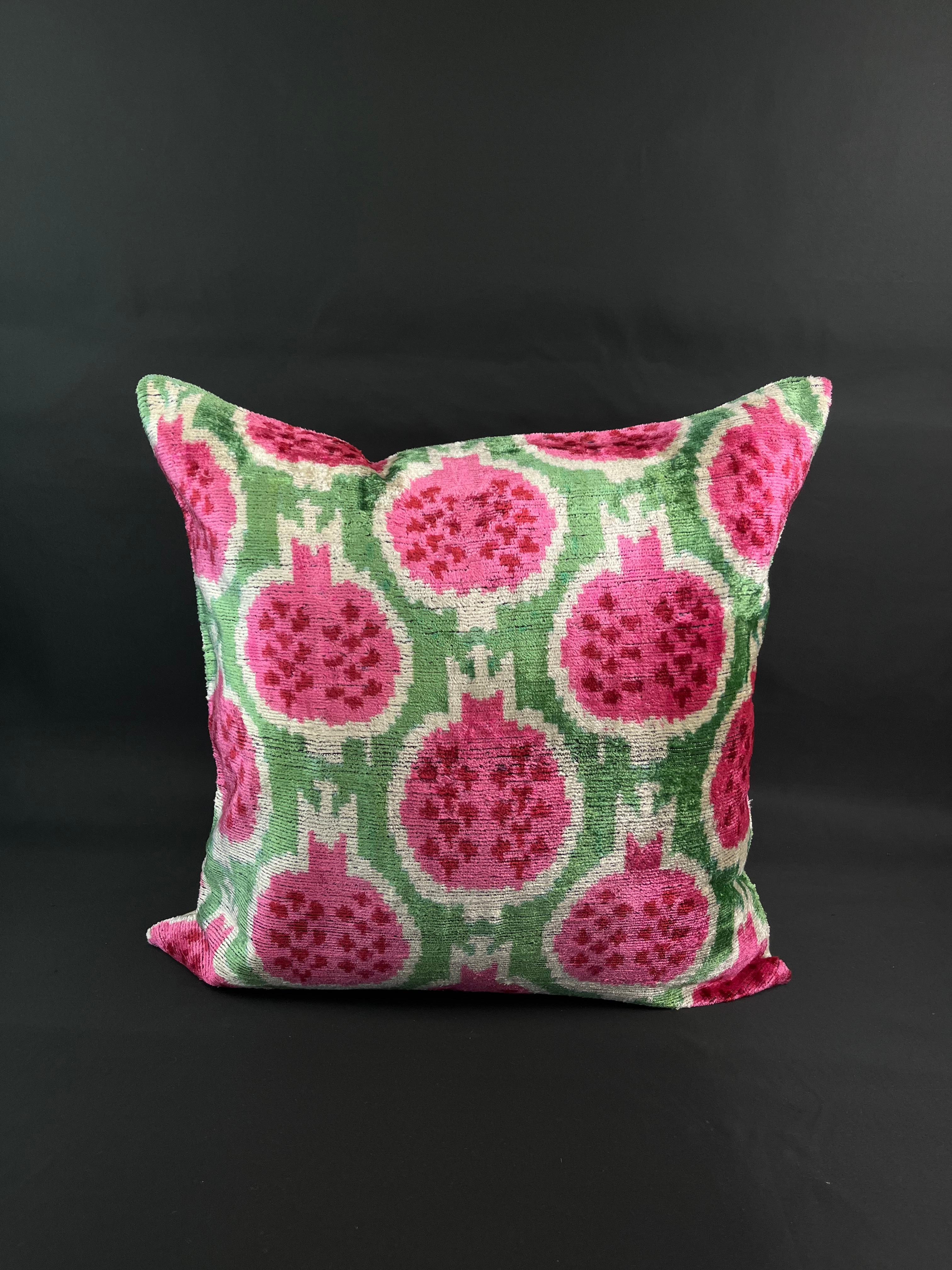 Green and Pink Fruit Design Velvet Silk Ikat Pillow Cover In New Condition In Houston, TX