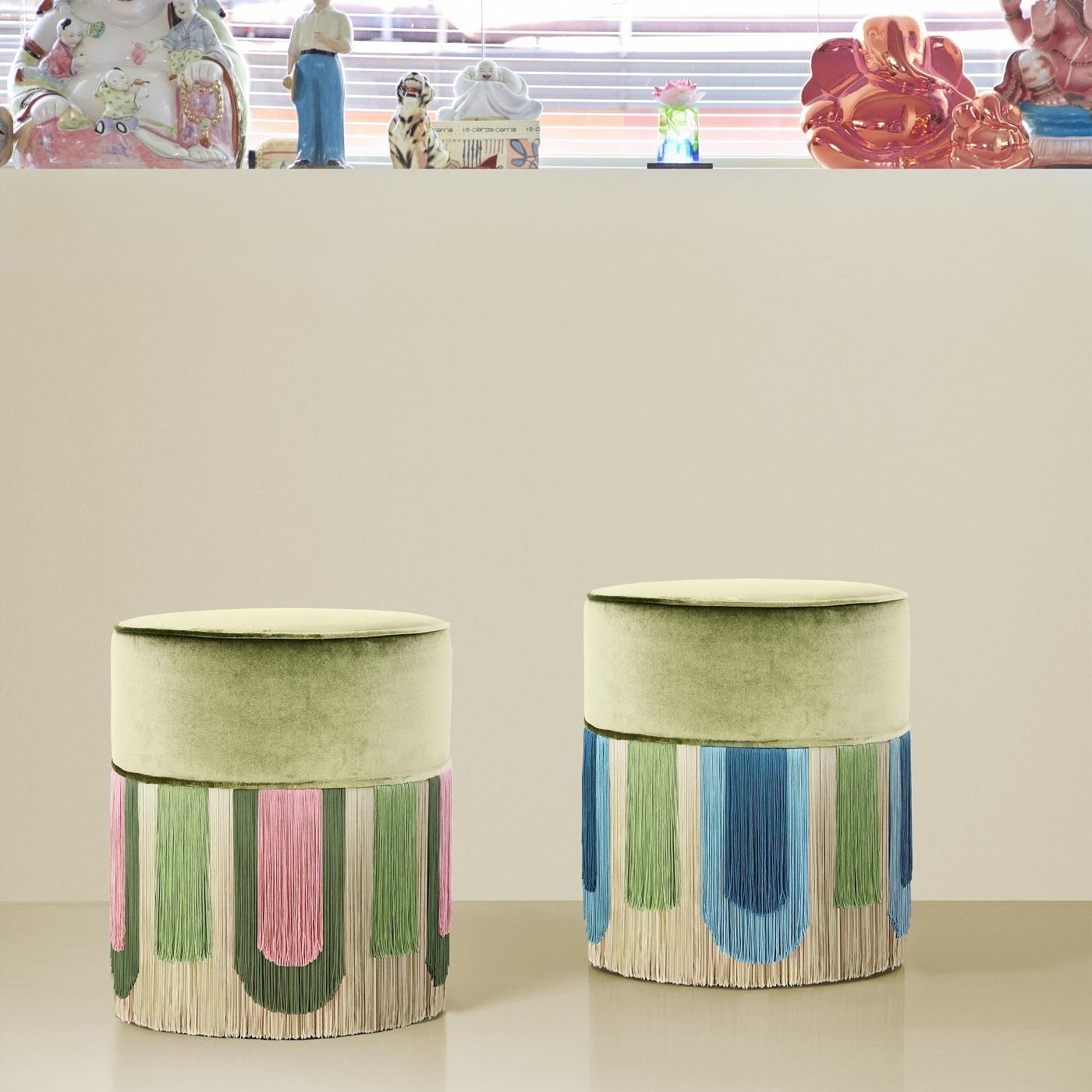 Perfectly paired pink and green are a delightful palette for the Art Deco-inspired fringe on this pouf from the Geometric Couture Collection. Made in Italy, the pouf is crafted on a painted beechwood base, hidden by expertly cut viscose fringe in