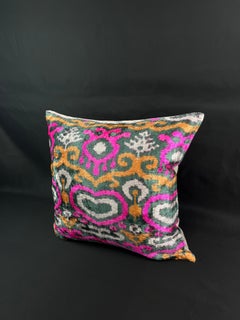 Green and Pink Geometric Design Velvet Silk Ikat Pillow Cover