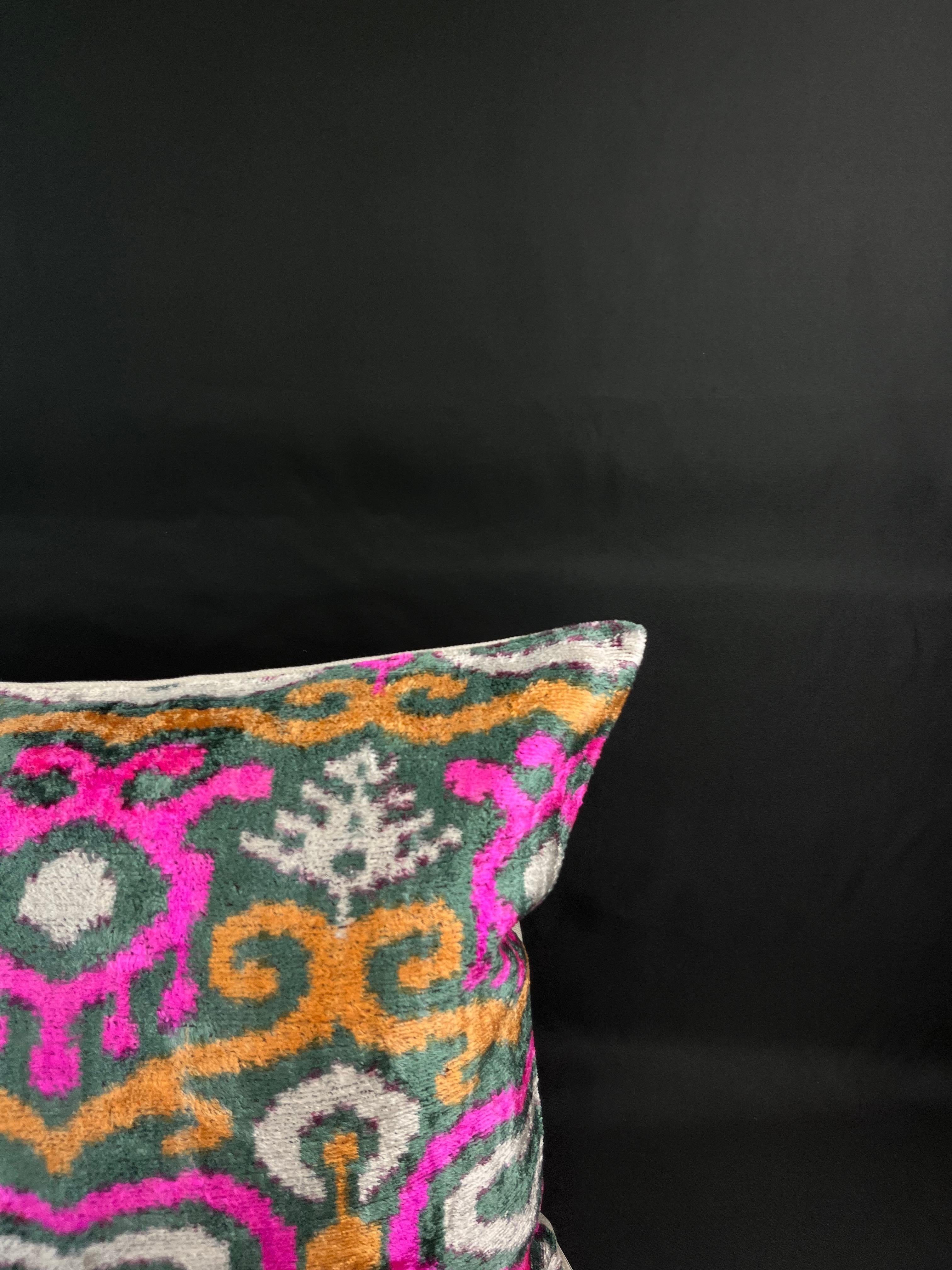 Modern Green and Pink Geometric Design Velvet Silk Ikat Pillow Cover